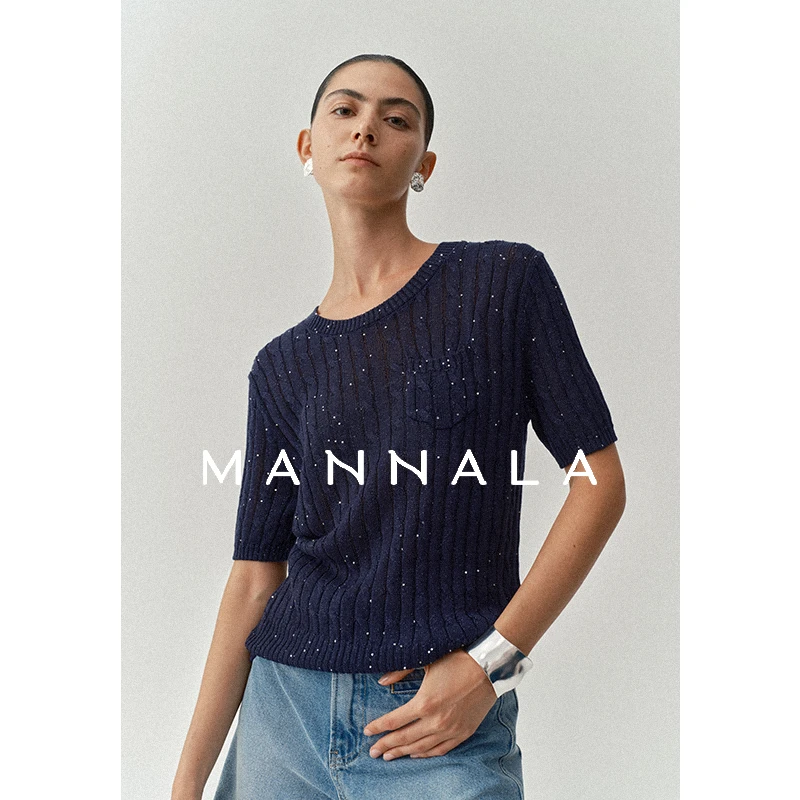 MANNALA丨“星点点”经典金银丝珠片合捻麻花天丝口袋针织衫Q4502