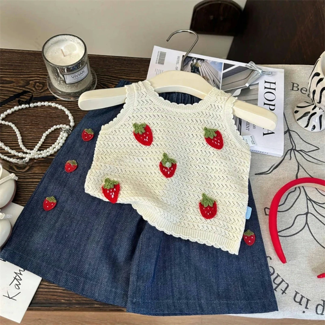 女童夏季田园风草莓套装2025新款女宝宝洋气针织镂空背心直筒裤子
