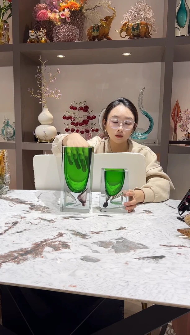 立方体绿色方块花瓶一对