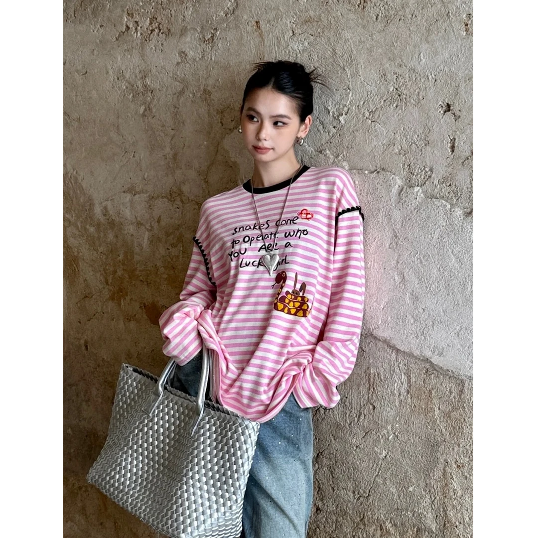 【蜜爷家】设计师款贪吃蛇条纹长袖T恤D973#