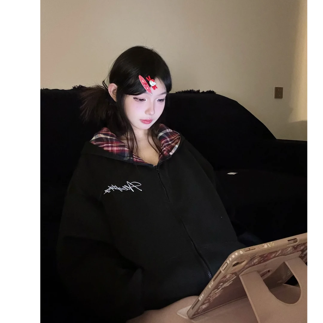 【W165  无吊牌】春秋美式复古格纹拼接设计感情侣卫衣外套