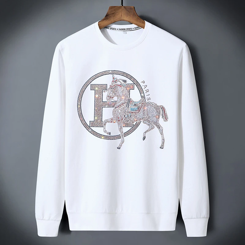 2025秋冬新款高端烫钻印花卫衣男个性字母亮片时尚T恤秋冬打底衫