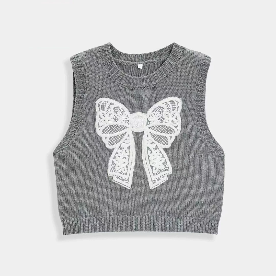 【亲子装】女童马甲2025新款春秋款儿童蕾丝蝴蝶结针织套头背心