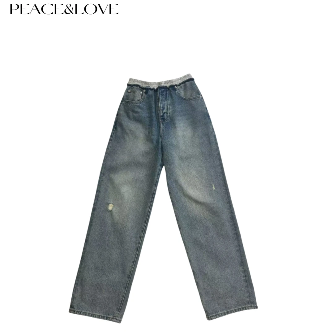 PEACE&LOVE 重工拼接白色烫钻直筒裤