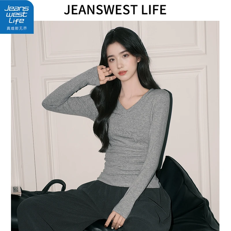 真维斯无界女V领长袖打底衫冬季保暖时尚显气质简约休闲内搭上衣