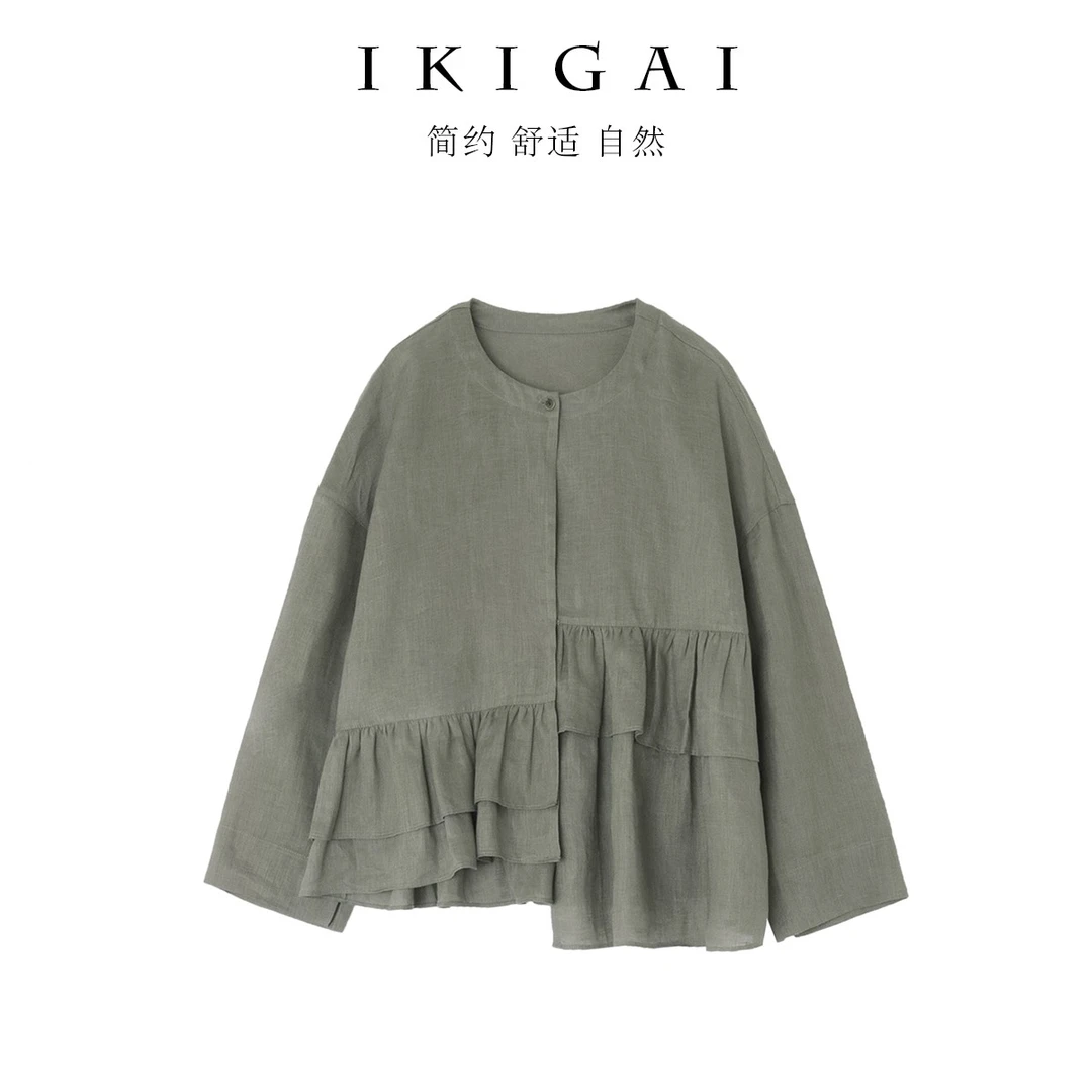 ikigai 100%亚麻立裁不规则衬衫  荷叶边下摆圆领衫