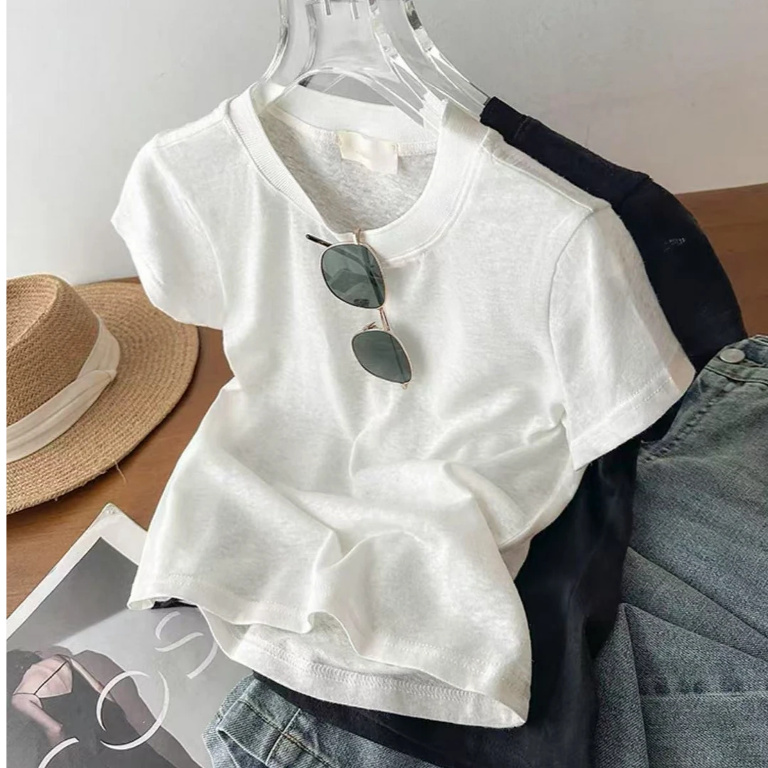 原单纯亚麻轻薄圆领百搭短袖休闲夏季正肩女款T恤