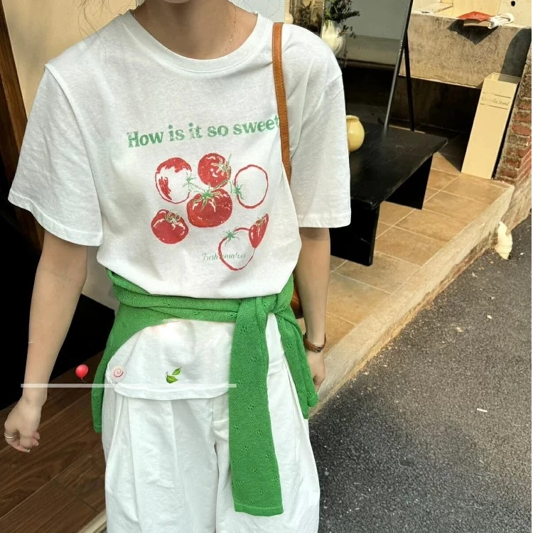 韩版简约西红柿印花短袖T恤女夏季新款宽松百搭上衣亮色正肩小众
