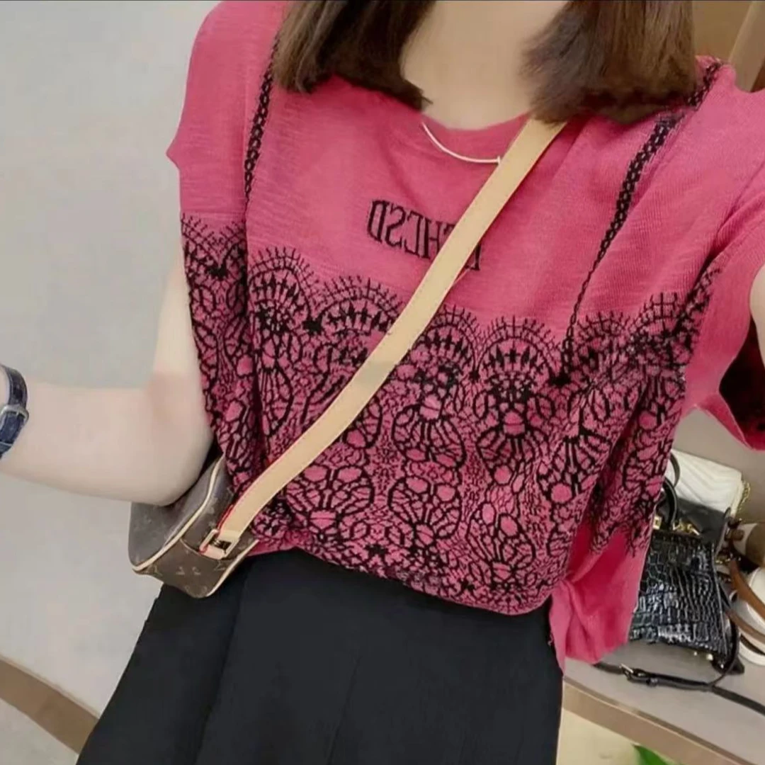 2025新款时尚提花洋气宽松圆领气质t恤上衣080