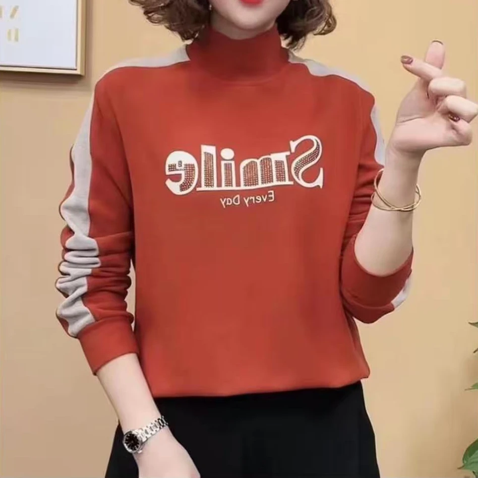 9302-SMILE（橙色）字母烫钻德绒半高领打底