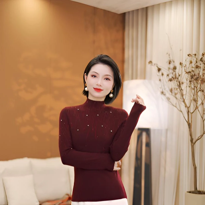 兰瑟儿秋冬新款钉珠含绵羊毛内搭打底针织衫女805DZ5348