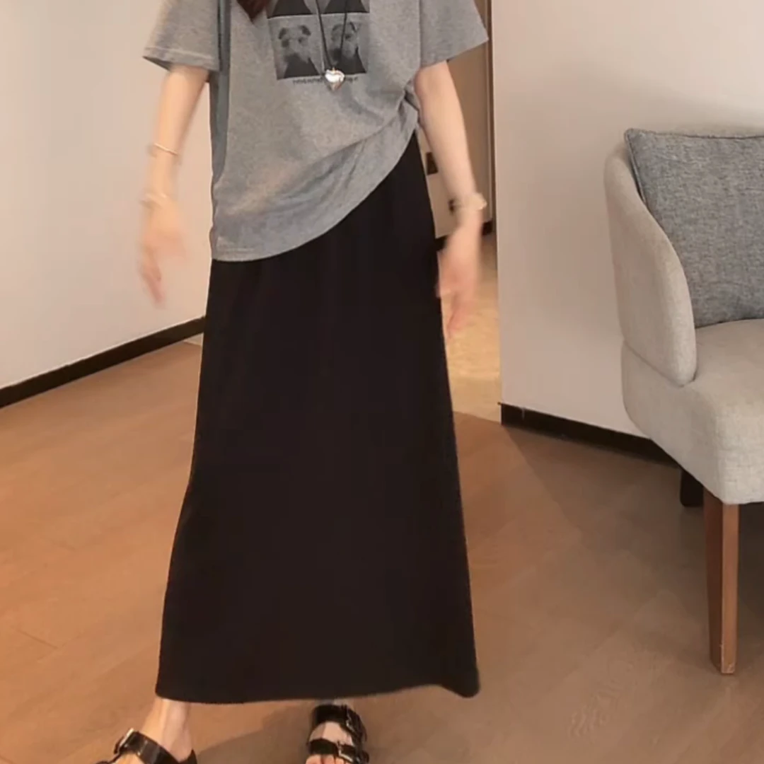 【空调裙】松紧腰垂感后开叉宽松显瘦长裙半身裙