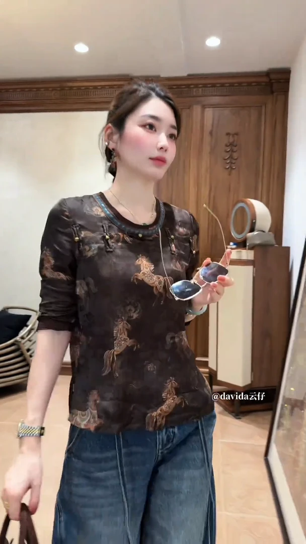 复古老钱风新中式圆领斜襟盘扣衬衫女装2025秋季新款减龄气质上衣