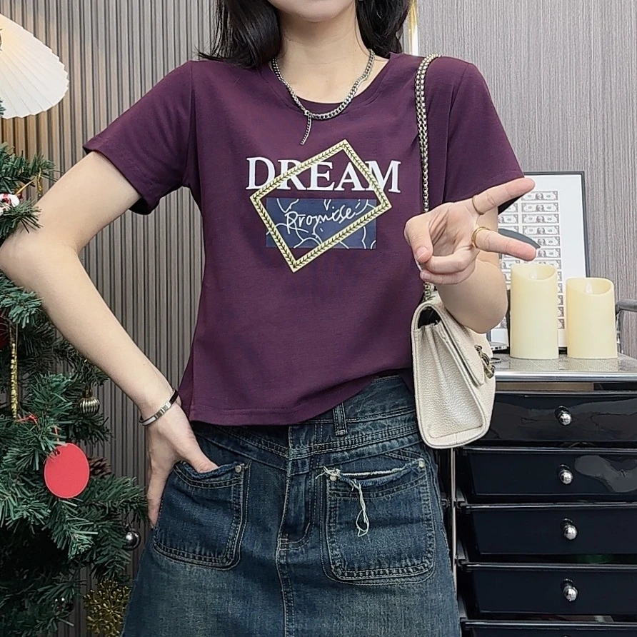 黄色方框时尚夏季新款短袖t恤显瘦正肩圆领女休闲百搭女式