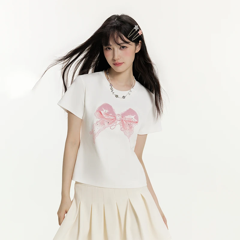 YKYB2025夏季新款百搭蝴蝶结烫钻短款T恤Y52NDT122