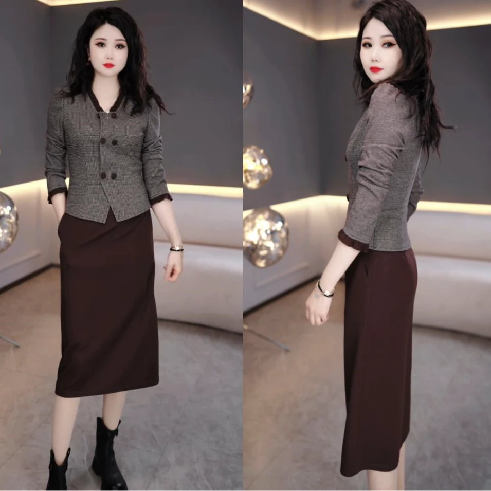 2025年春格子时尚名媛风减龄显瘦女人味假两件长袖连衣裙M-4XL