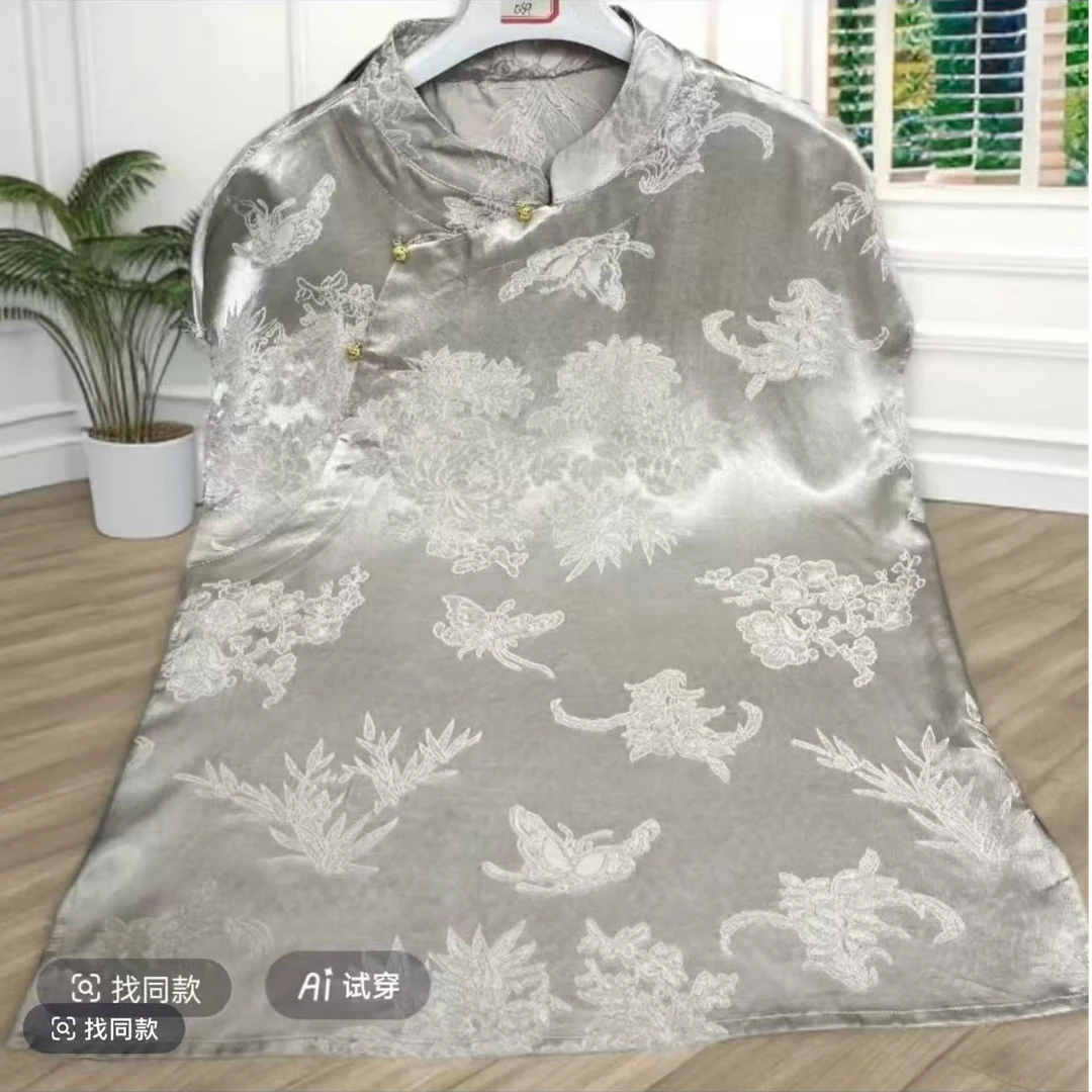 【素色】夏季新款新中式暗纹提花斜襟无袖衬衫温柔气质国风上衣0576