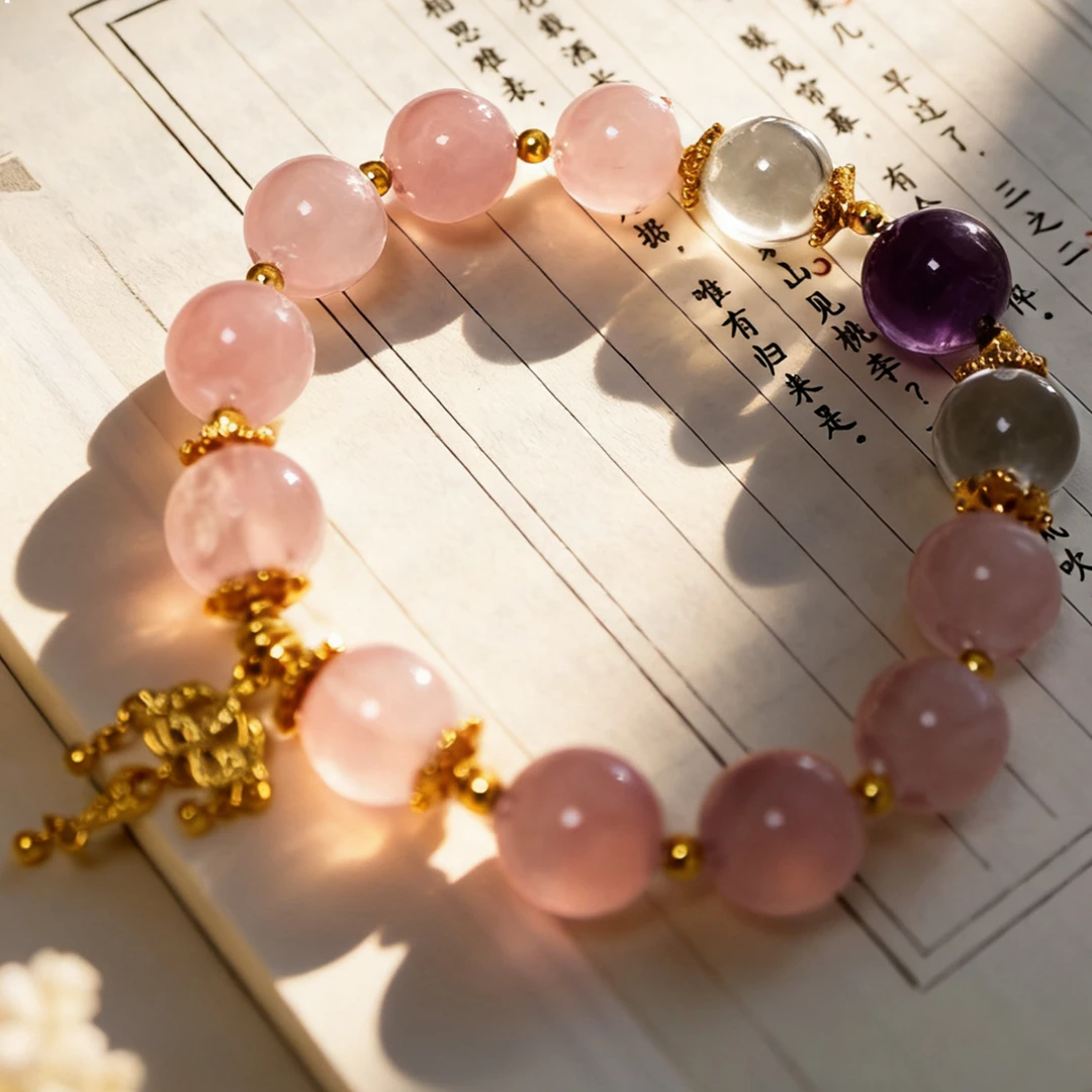 合金手链 《粉樱紫韵》牛鼻孔紫水、白水、粉水、砂金配件小众简约手串