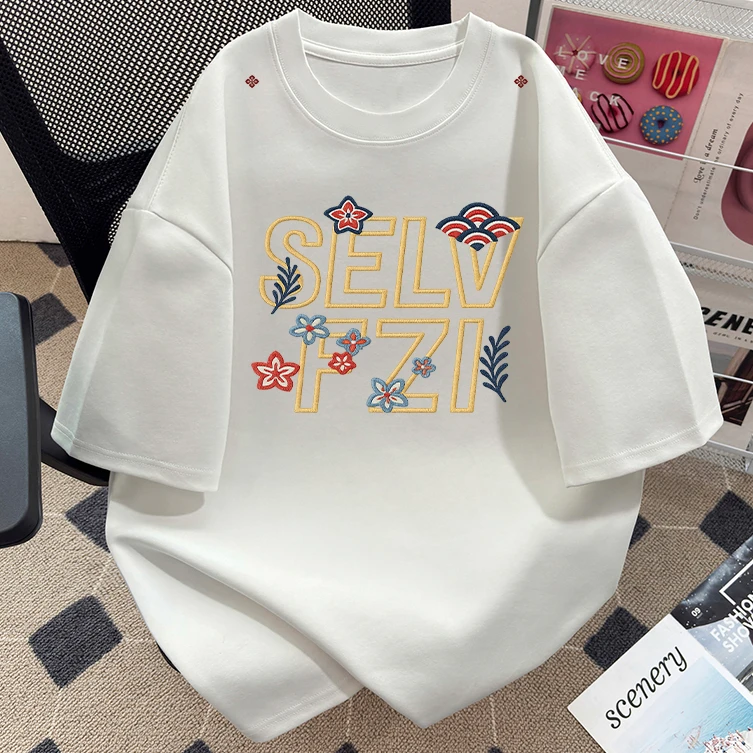 美式重磅潮流印花短袖2025新款T恤男女夏季宽松圆领套头半袖上衣