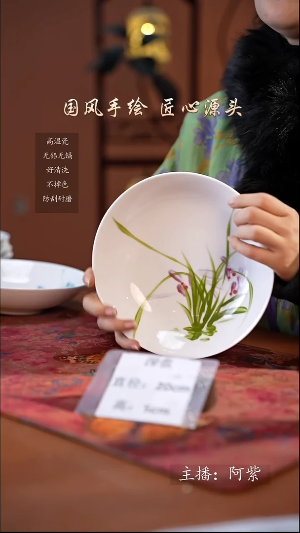 陶瓷景德镇高温釉中彩深盘直径20高5