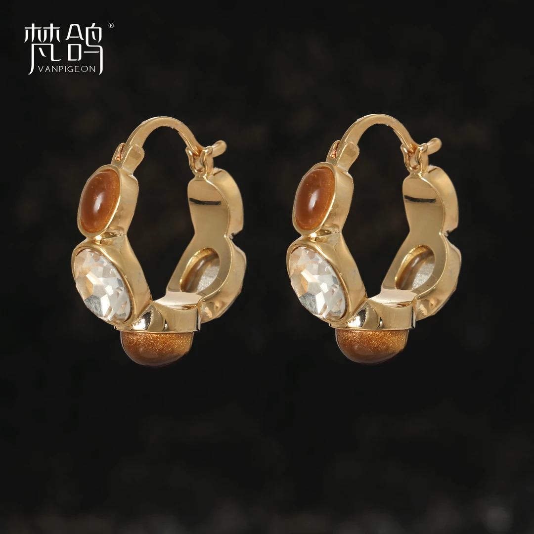 VANPIGEON/梵鸽 黄铜耳饰 焦糖晶钻耳圈高级感轻奢精致时尚耳环