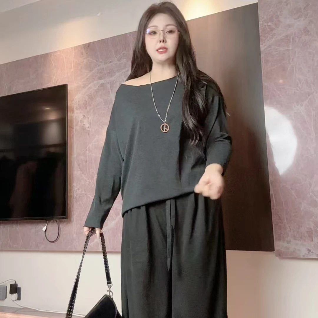 2025秋季大码不规则一字肩斜肩针织上衣休闲慵懒阔腿裤套装