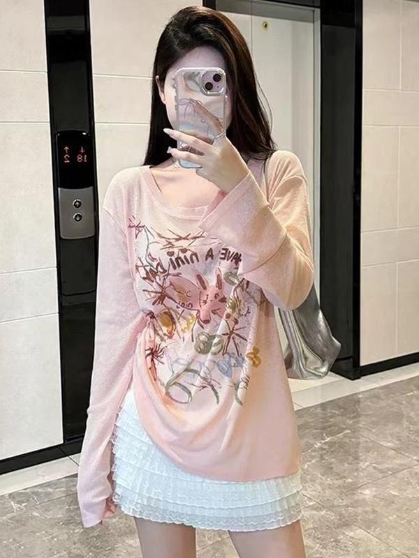 长袖防晒卡通韩系趣味印花T恤打底衫宽松穿搭罩衫上衣夏季