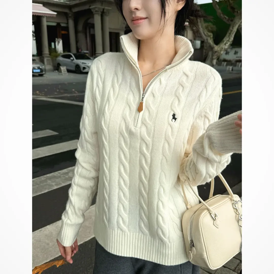 不渝的浪漫~新款七针加厚立领绞花刺绣皮带拉链羊毛衫女毛衣百搭