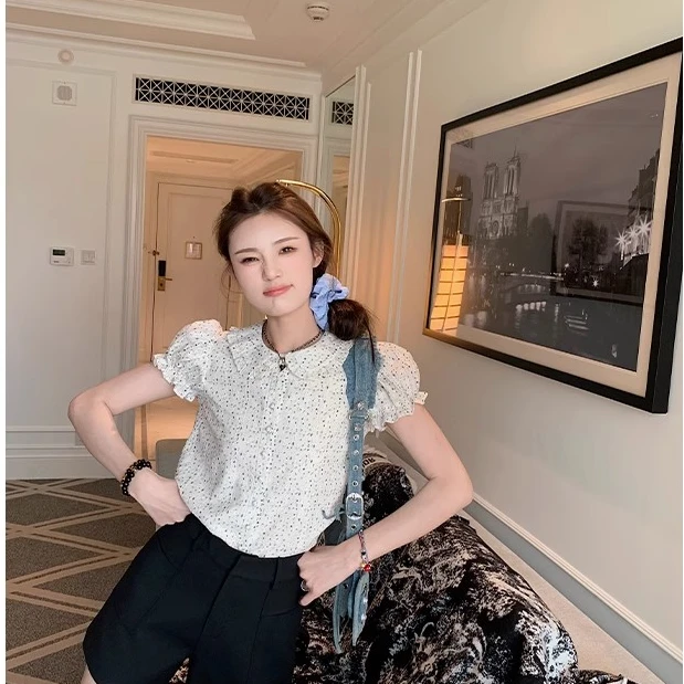 高端货~纯棉田园碎花泡泡袖衬衫女夏娃娃领减龄可爱宽松短袖上衣