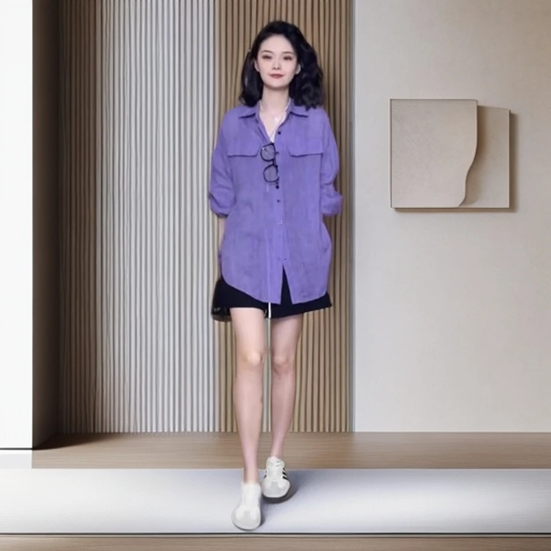 紫色上衣女文艺复古小众设计感衬衣2025春季新款宽松百搭显瘦衬衫