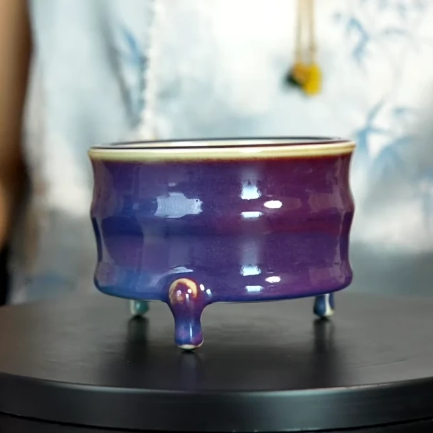宋钧钧瓷三足小香炉茶具摆件天青色葡萄紫开片复古熏香送礼家用