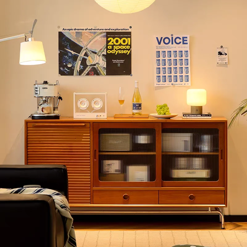 樱桃木餐边柜北欧原木餐边橱简约餐厅碗柜推拉门收纳柜