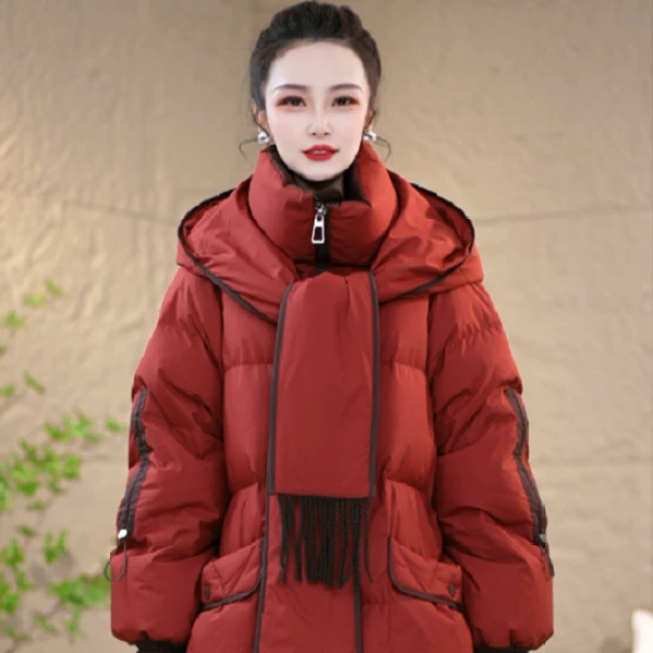 冬季设计感围巾连帽优雅百搭白鸭绒休闲加厚保暖宽松羽绒服M-XL