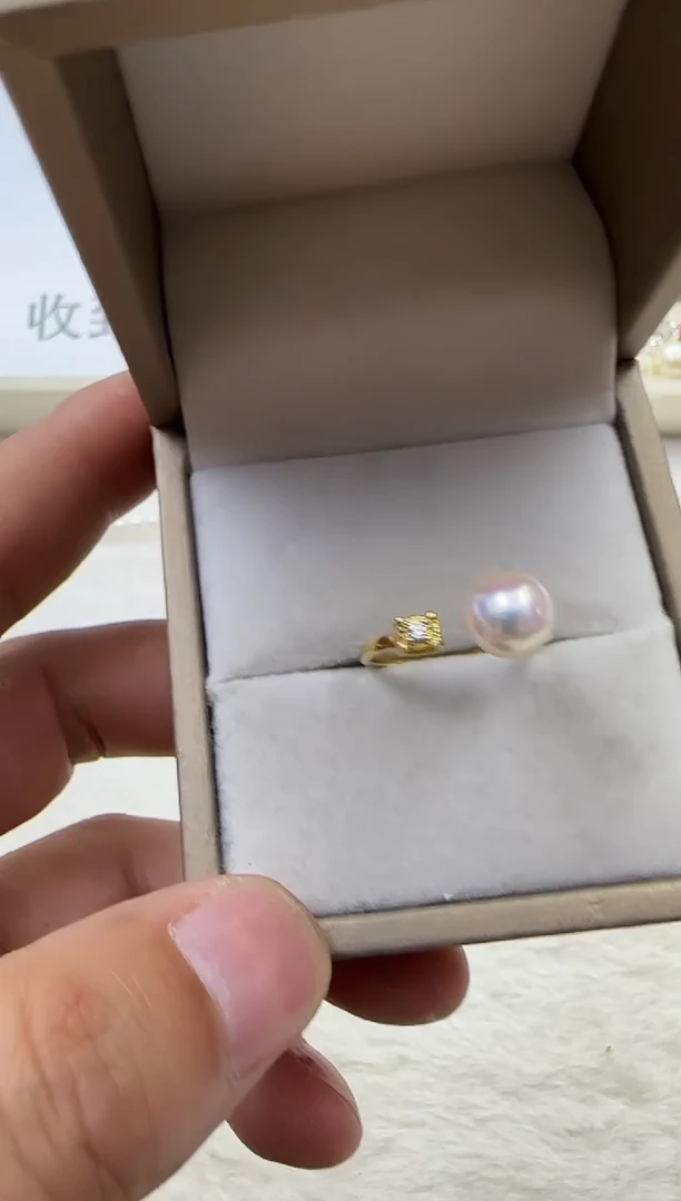 海水珍珠戒指银S925镶嵌akoya珍珠戒指7-8mm