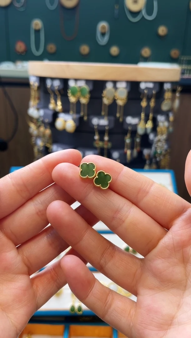 【闪购商品】和田玉（碧玉）耳钉银S925镀金镶嵌耳钉