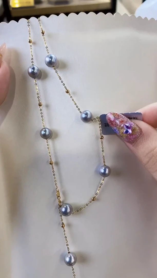 项链18K金镶嵌海水珍珠7-8真多麻项链