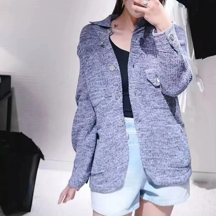 99新 Chanel/香奈儿 34码25P紫色混色翻领针织开衫，外套