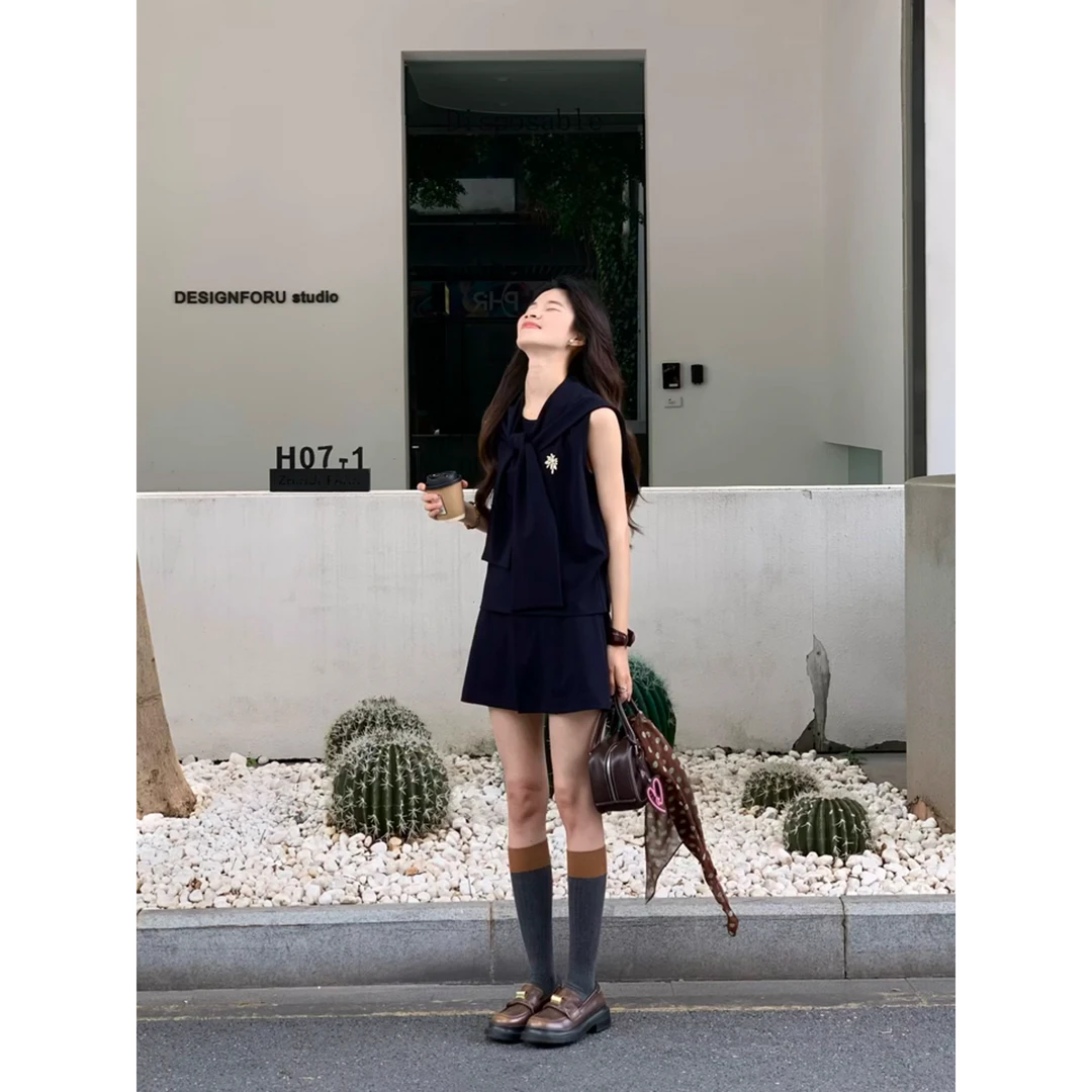 MARIE.COCO夏季新款法式休闲气质披肩无袖背心上衣高腰半身短裙子