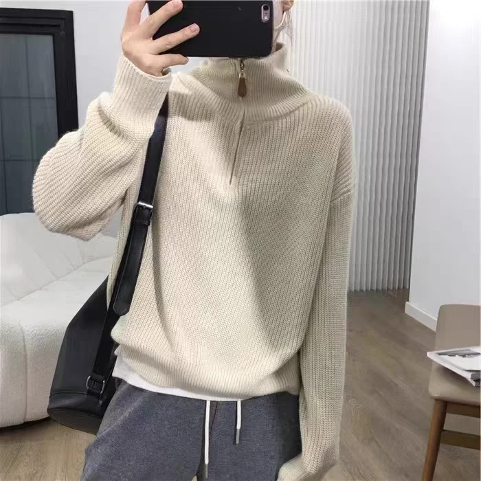 七针元宝针polo领半拉链款100纯山羊绒衫女冬加厚毛衣