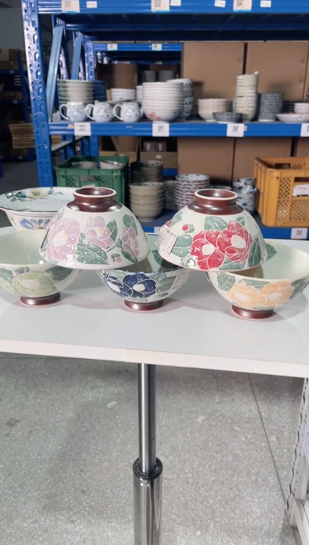 陶瓷山茶花五色米饭碗五支一组4.9英寸