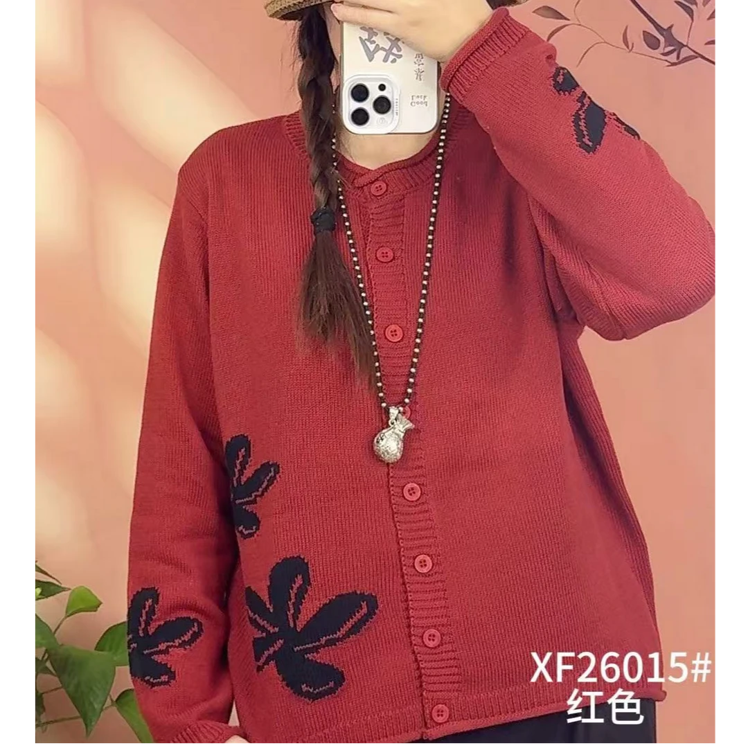 春新款时尚百搭纯棉线外套休闲百搭显瘦刺绣花朵针织开衫26015