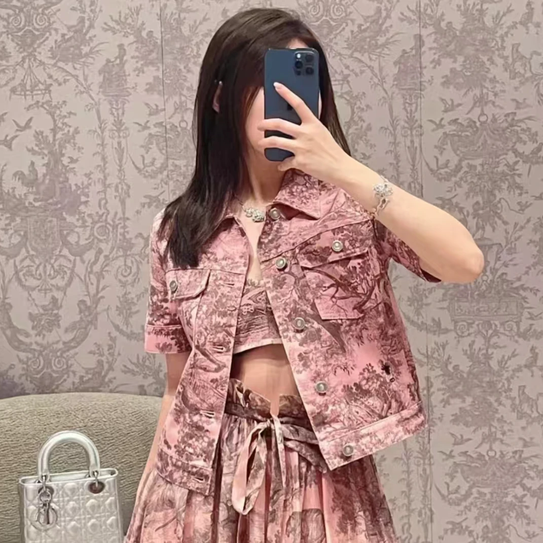 全新未使用 DIOR/迪奥 图案印花短款单排扣短袖夹克外套 粉色/34