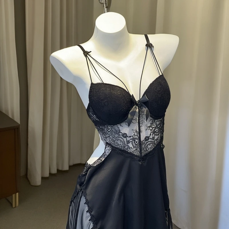 【伊甸漫游】轻奢性感蕾丝钢圈聚拢加胸垫大码吊带裙女家居服套装