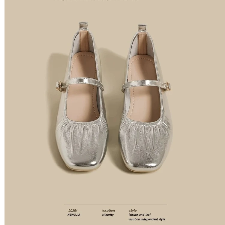 银色玛丽珍鞋女2025春季新款小香风褶皱方头复古法式气质浅口单鞋