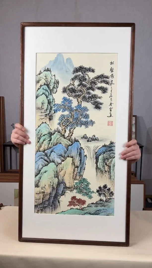国画手绘*松鹤鸣泉*47*92cm带框发货