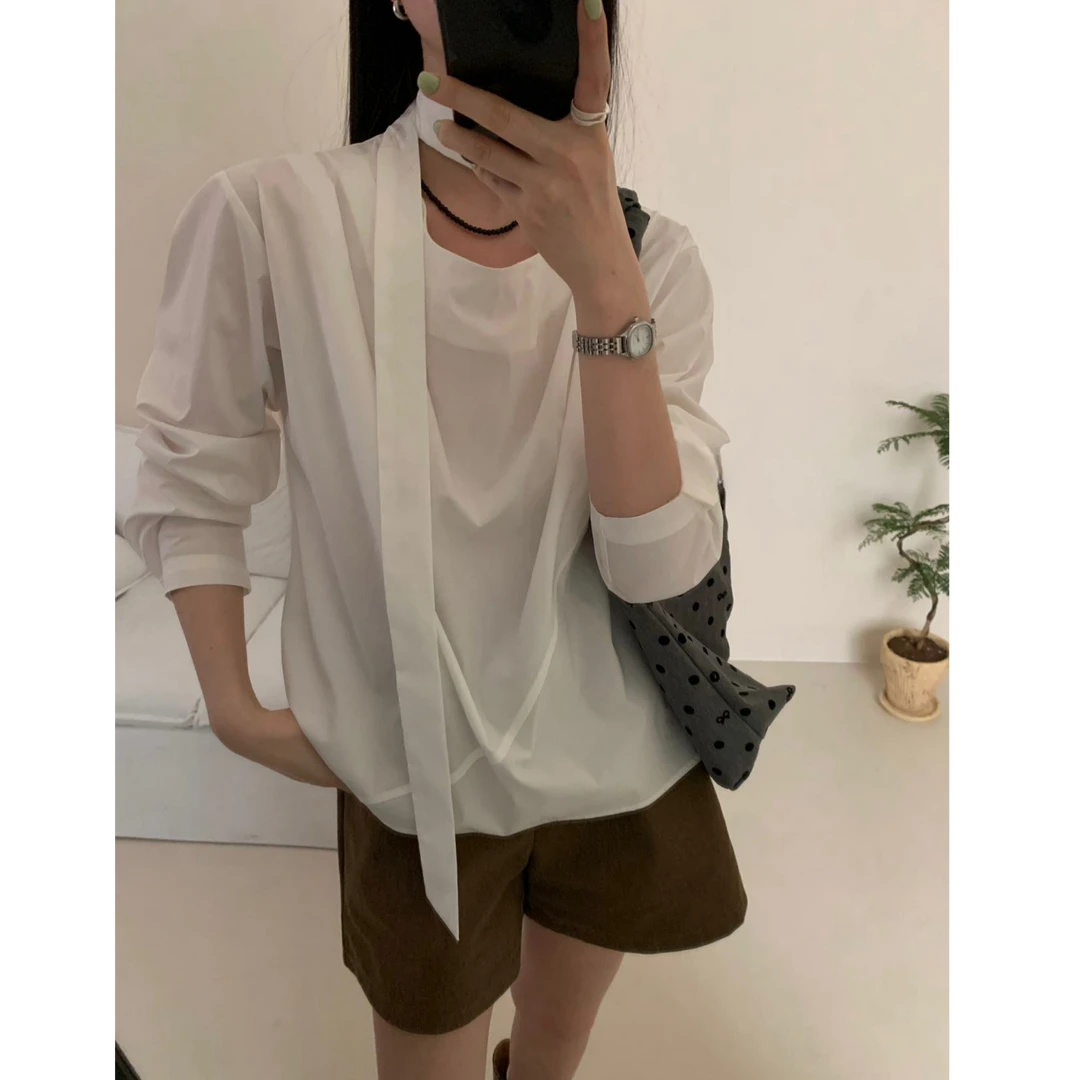 NICE圈圈、特别款飘带设计简约纯色韩系衬衫A3001