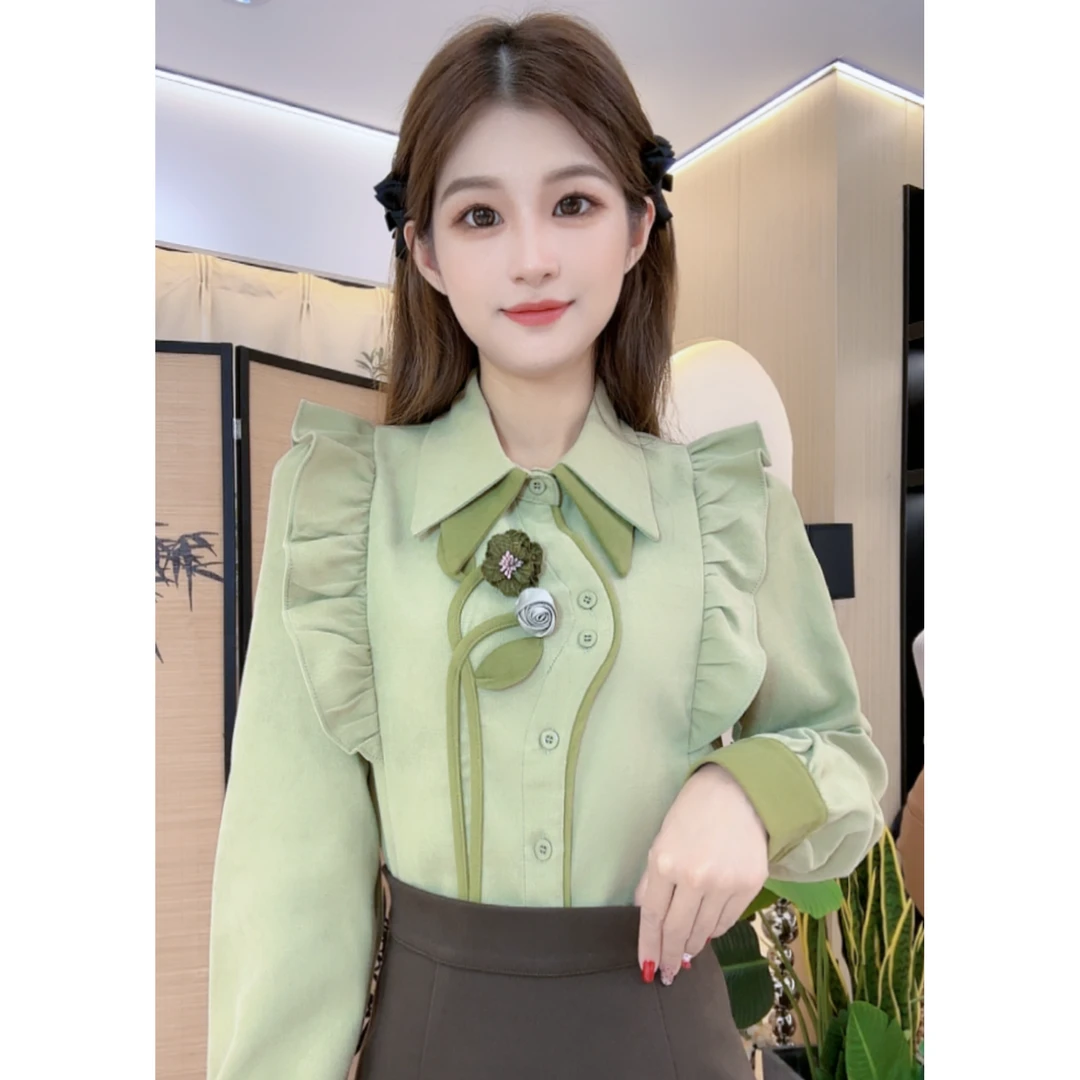 2024时尚港味复古显瘦气质花朵设计感小众长袖法式衬衫女8569#0.1
