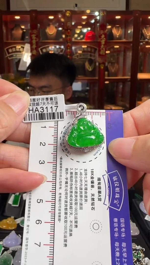 翡翠18K金镶嵌颈饰HA3117冰辣绿佛公