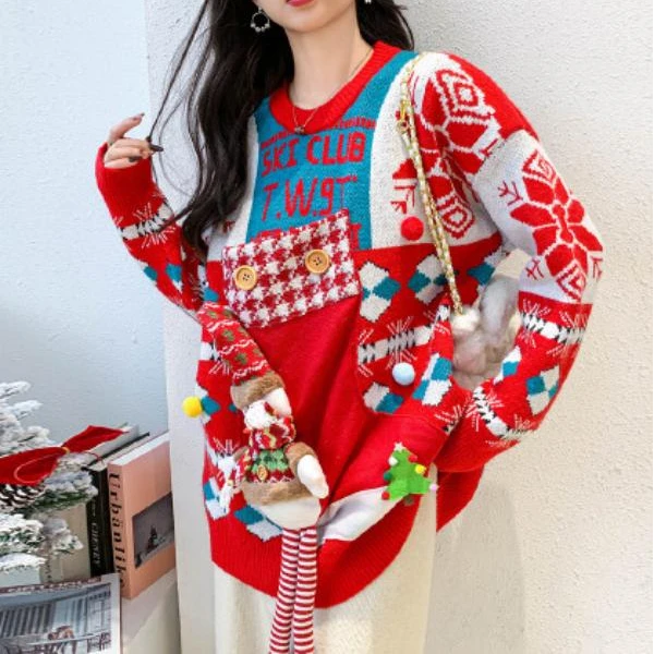 A728圆领波点红色宽松毛衣卡通加厚ZD01711RD109