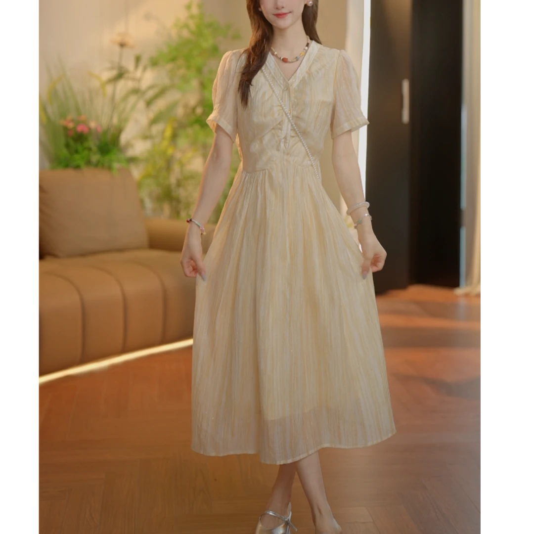 珩绣2025夏浅黄色条纹星光熠熠淑女短袖连衣裙JS-88477